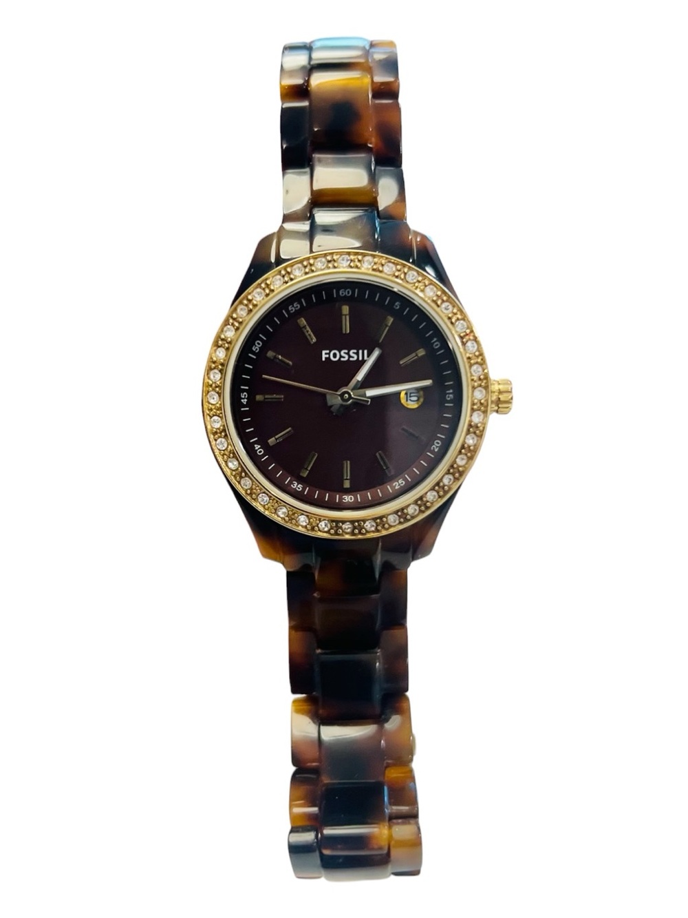 Fossil Mini Stella ES2922 Tortoise Resin Crystal Gold Tone Watch New Battery